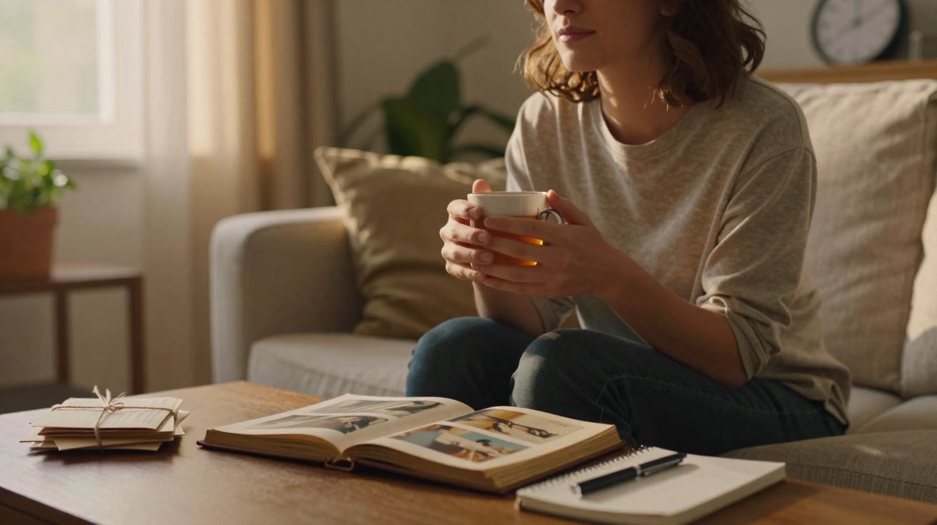 Woman sitting on a sofa holding a cup with an open photo album and notebook on the table in a cozy living room.