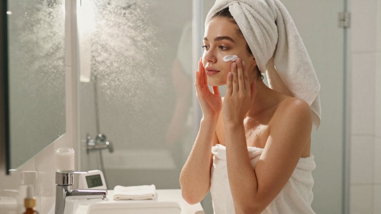Woman with towel on head applying cream to her face in a bathroom mirror, wrapped in a towel.
