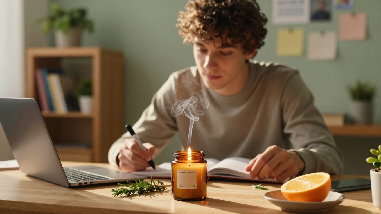 Young man writing in notebook at desk with laptop, extinguished scented candle, and half an orange on plate