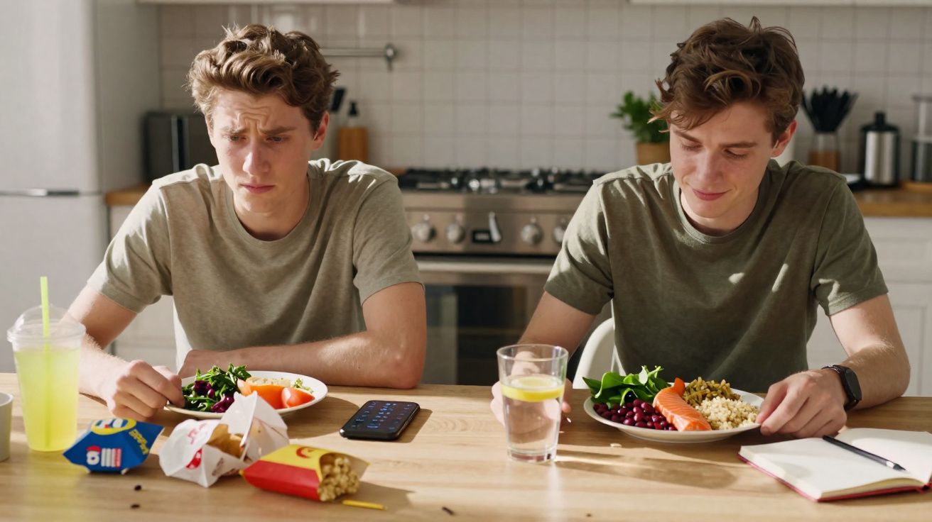 Two young men sitting at a kitchen table eating different meals, one looks sad while the other smiles.