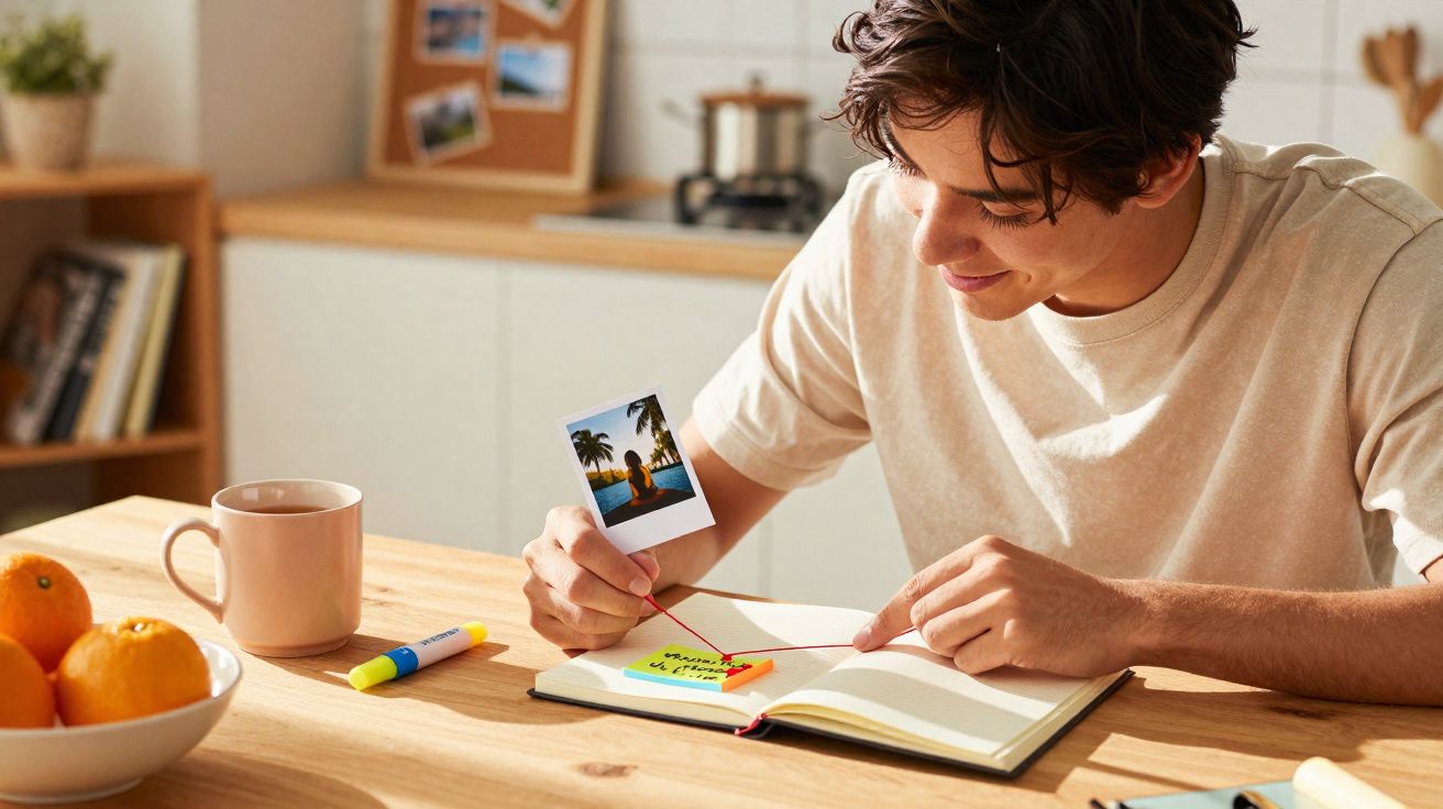 Young man sitting at wooden table holding a photo and writing in a journal with a mug and bowl of oranges nearby.