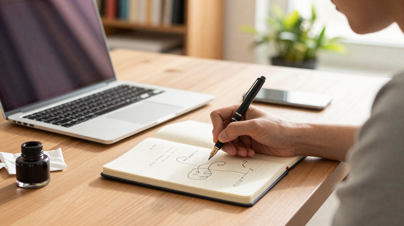 Person writing in a notebook with a fountain pen at a desk with an open laptop and ink bottle nearby.