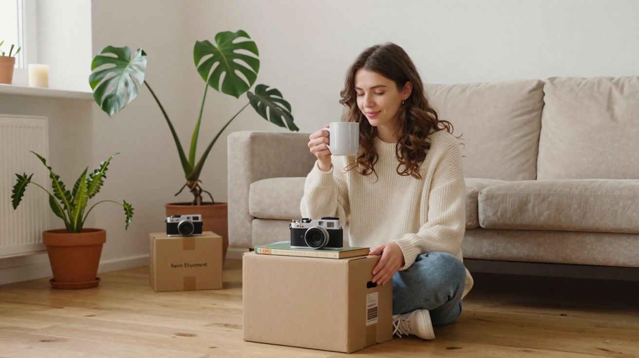Young woman sitting on the floor drinking from a mug beside a sofa, surrounded by houseplants and cardboard boxes.