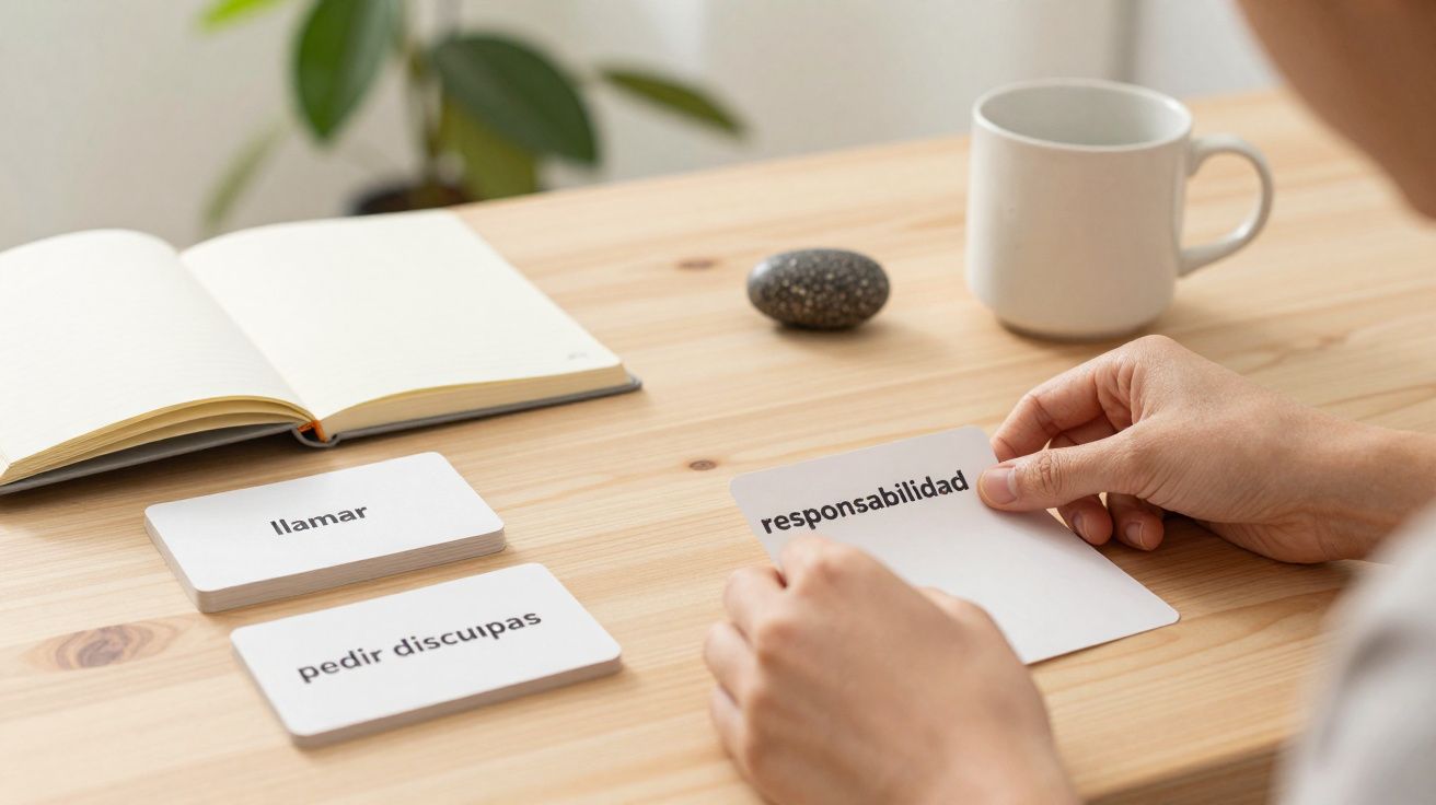 Person holding a flashcard with Spanish word "responsabilidad" at a wooden table with a mug, notebook, and other cards.