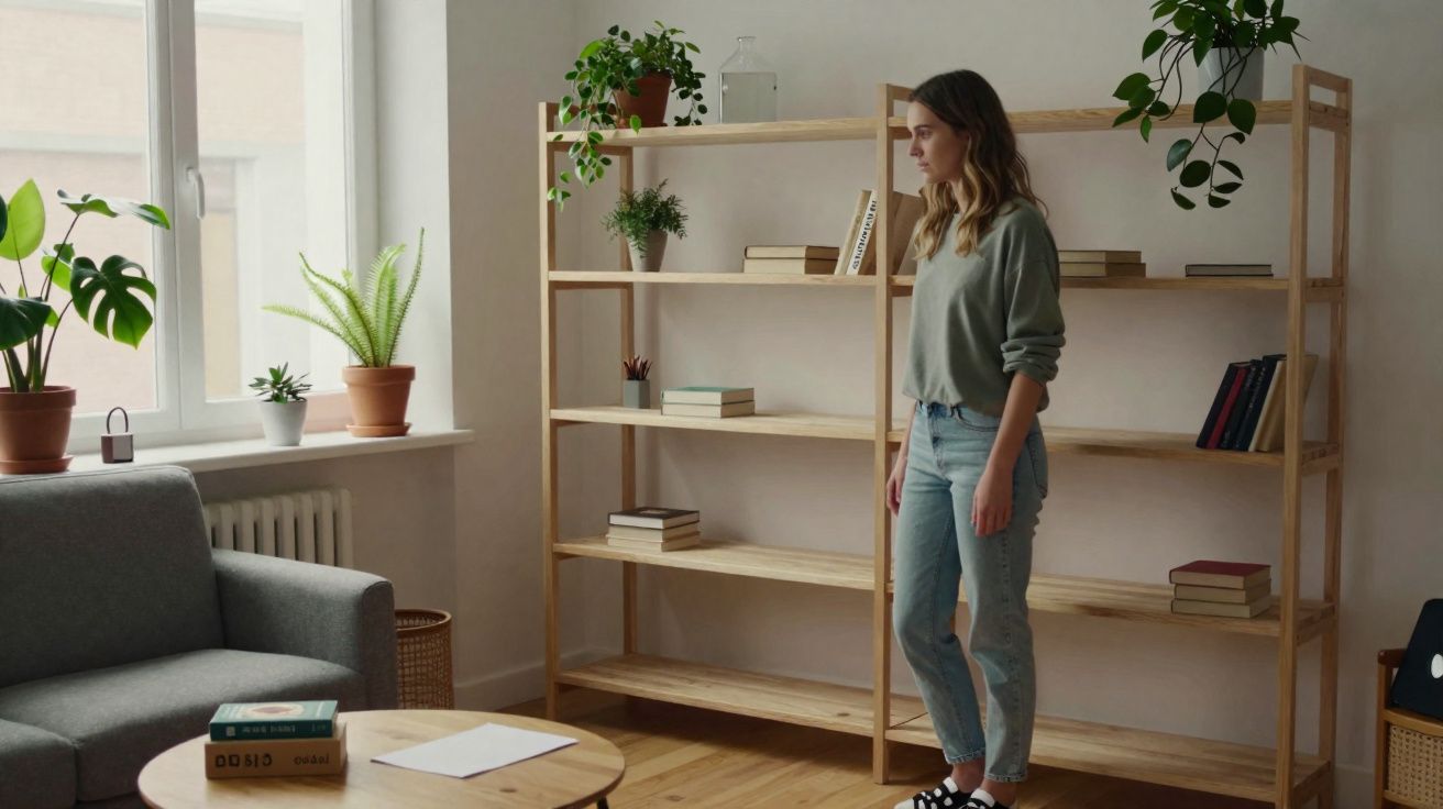 Woman standing beside a wooden bookshelf in a minimalist living room with plants and books.