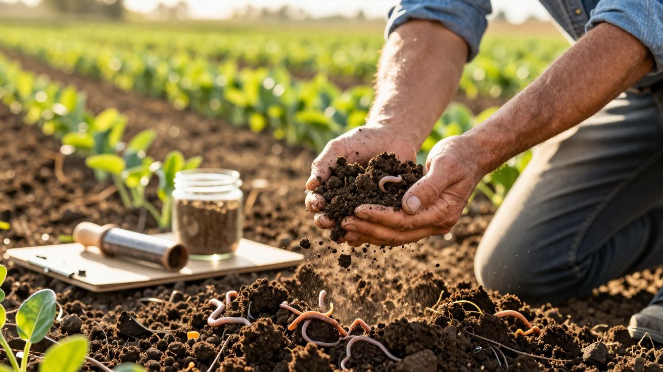 Hands holding soil with earthworms over a cultivated field with young plants and gardening tools nearby.