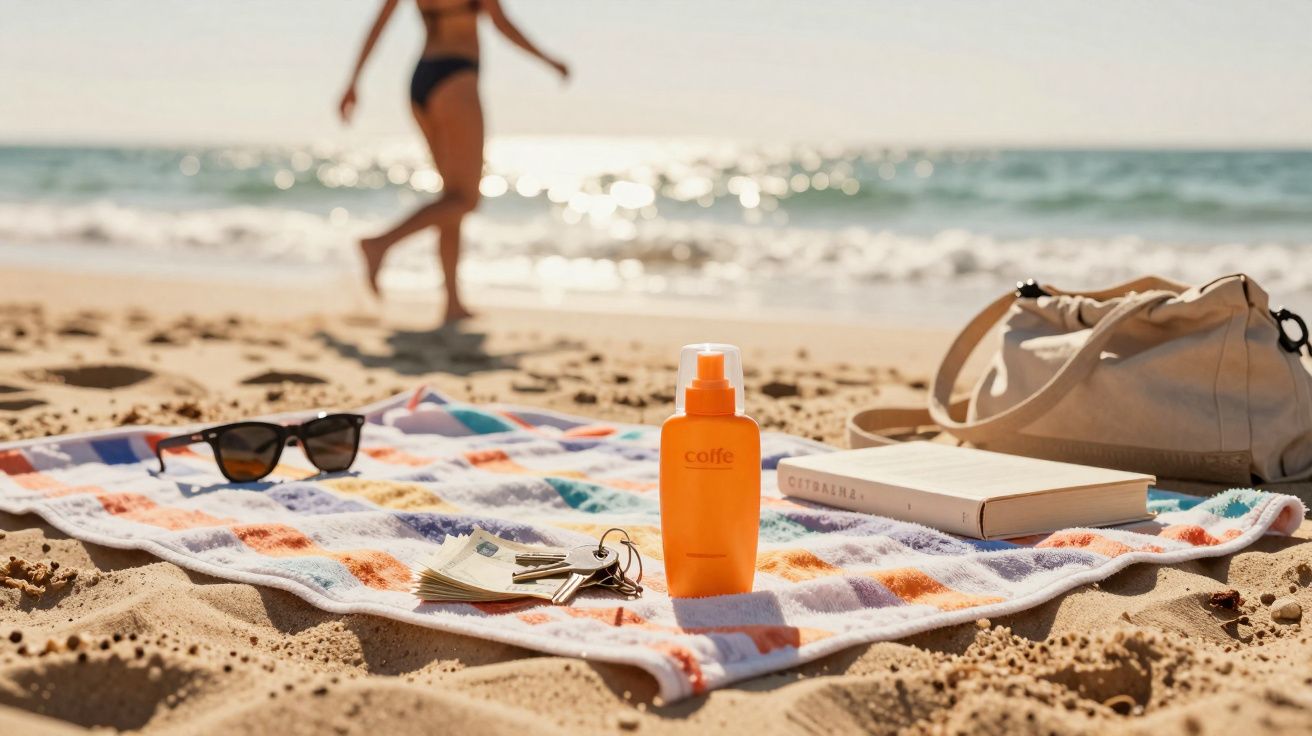 Beach towel with sunscreen, sunglasses, keys, book, and bag on sand near sea, with person walking in background.
