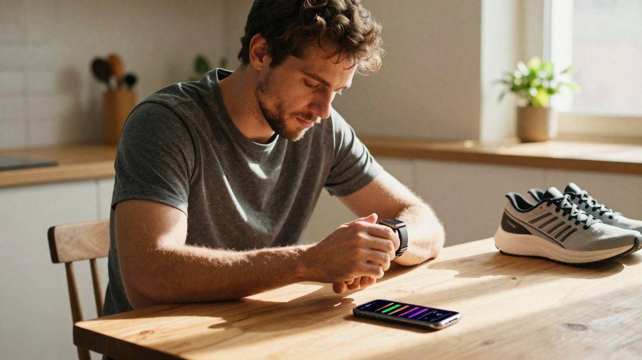 Man in a grey t-shirt checking his smartwatch at a wooden table with running shoes and smartphone nearby.