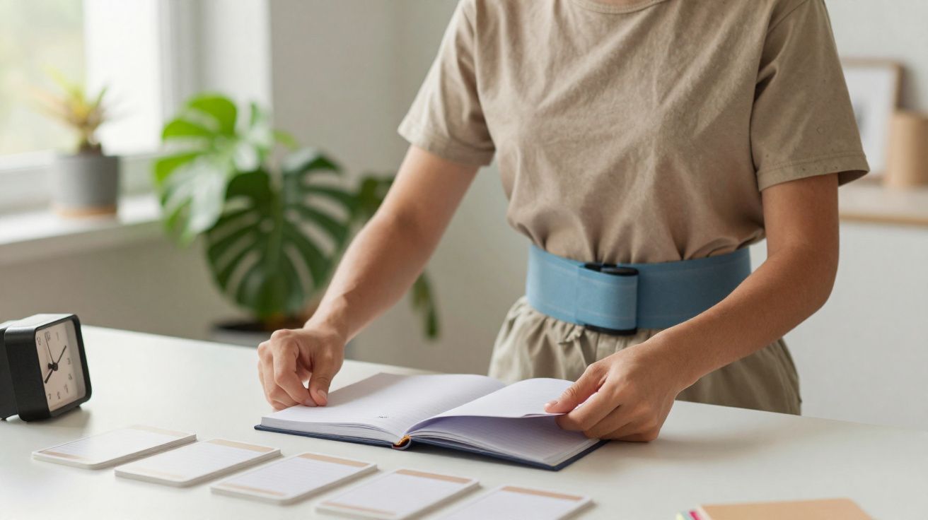 Person wearing a beige shirt and blue waist support belt standing at a table reading an open notebook.