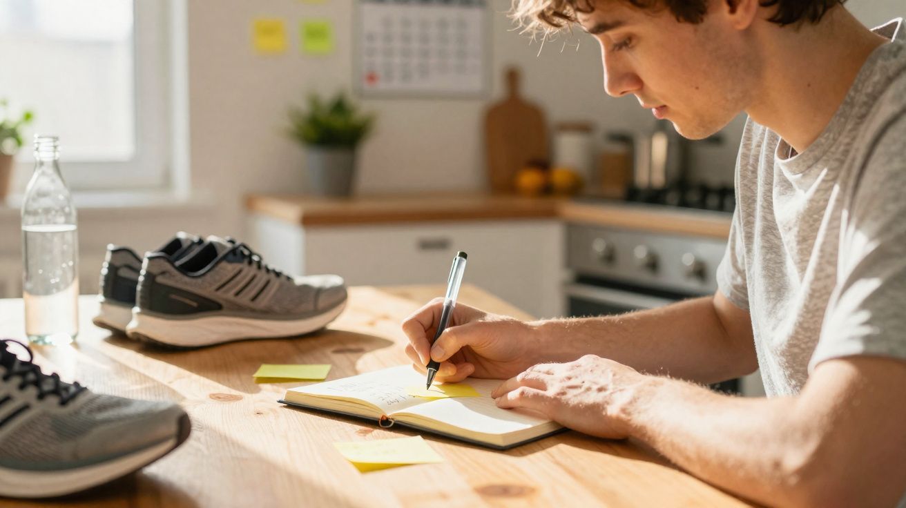 Young man writing in notebook on kitchen table with running shoes and water bottle nearby.