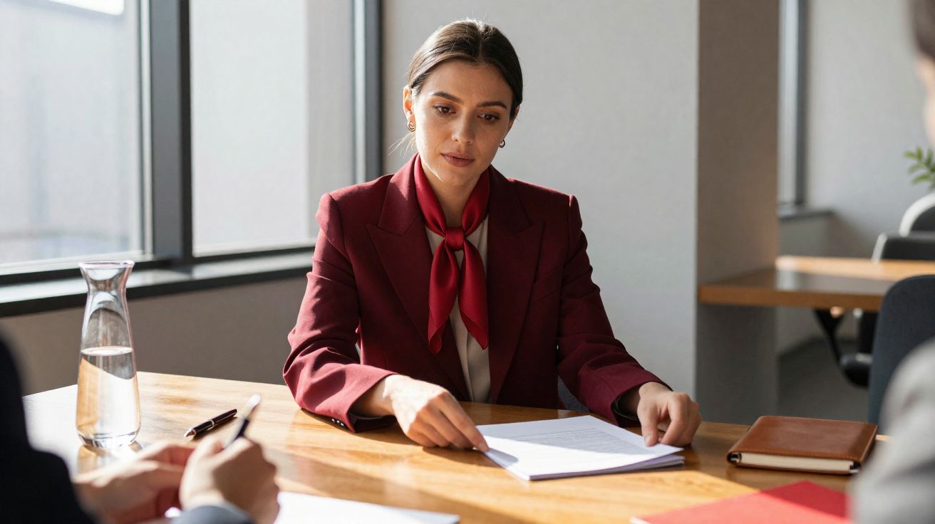 Woman in a red blazer reviewing documents at a wooden table during a business meeting in a modern office.