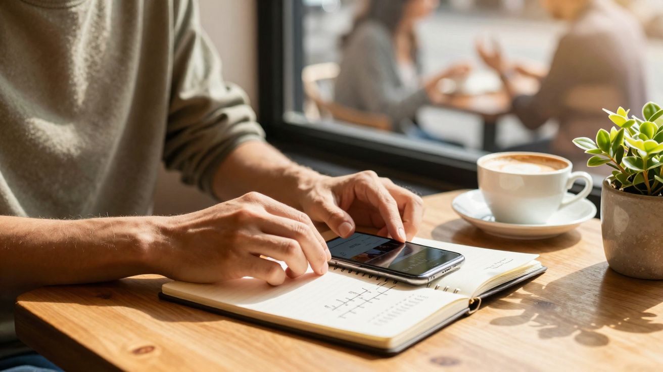 Person using smartphone on an open notebook at a wooden table with a coffee cup and small plant nearby.