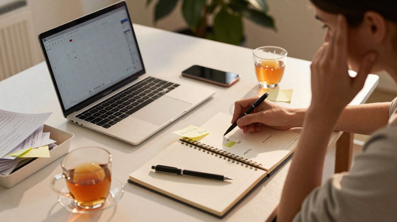 Person working at a desk with a laptop, notebook, smartphone, and two cups of tea.