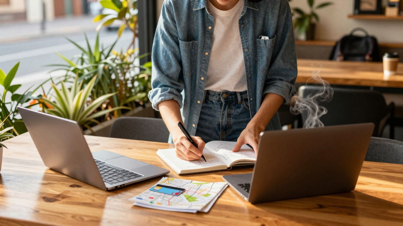 Person writing in a notebook between two laptops on a wooden table with a map and steaming coffee nearby.