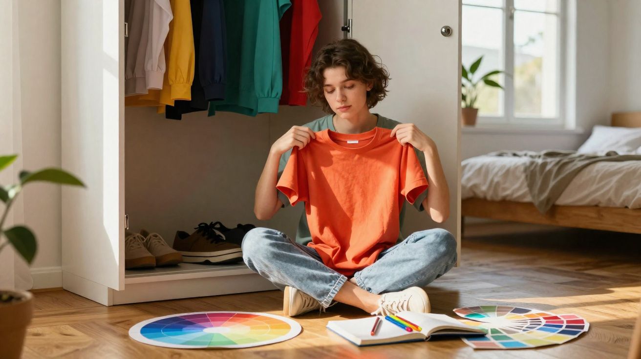 Person sitting on floor holding an orange t-shirt, with colour wheels and pencils nearby in a bedroom.