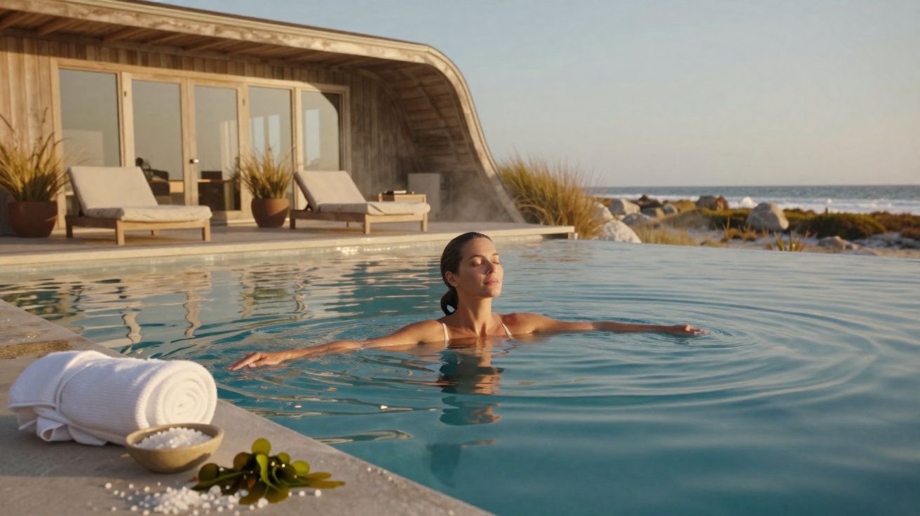 Woman relaxing in a pool beside a modern wooden house with loungers and plants, near the seashore at sunset.