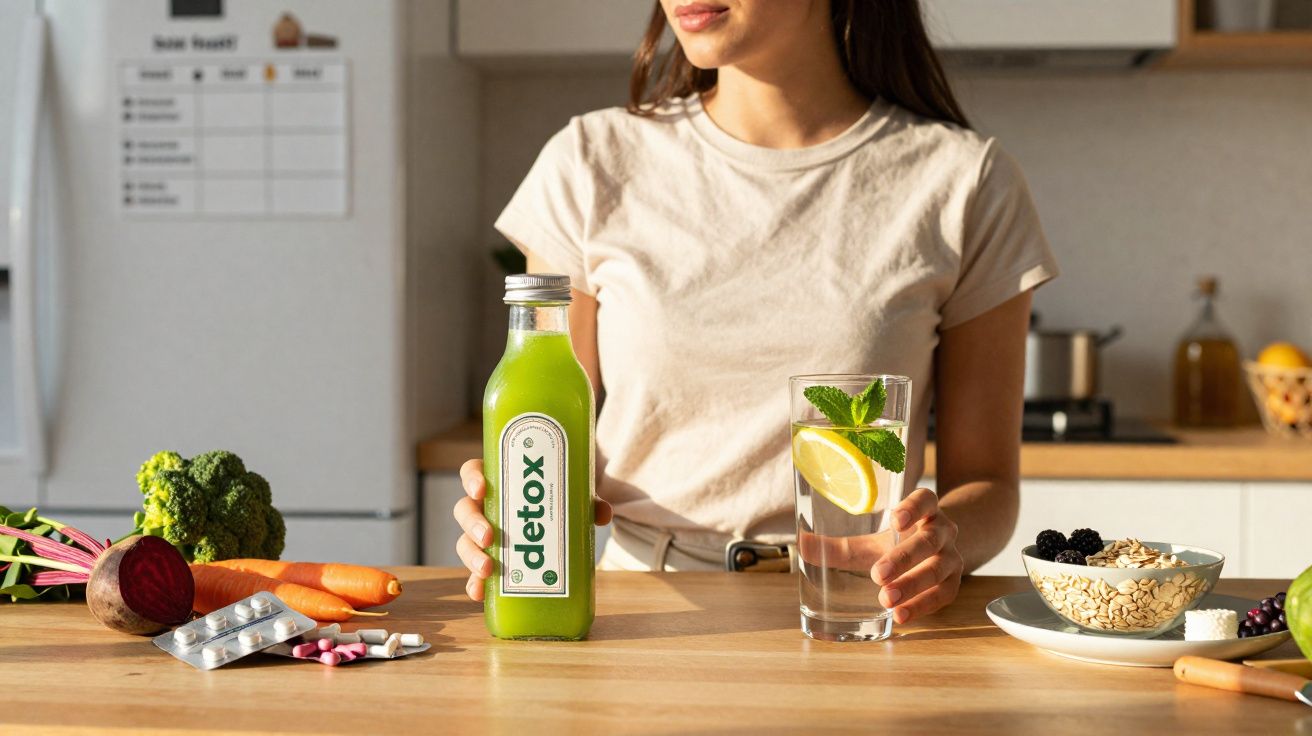 Woman holding a green detox juice bottle and a glass of lemon water with healthy food on a kitchen counter.