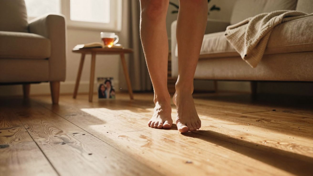 Bare feet walking on sunlit wooden floor in a cosy living room with soft furnishings.