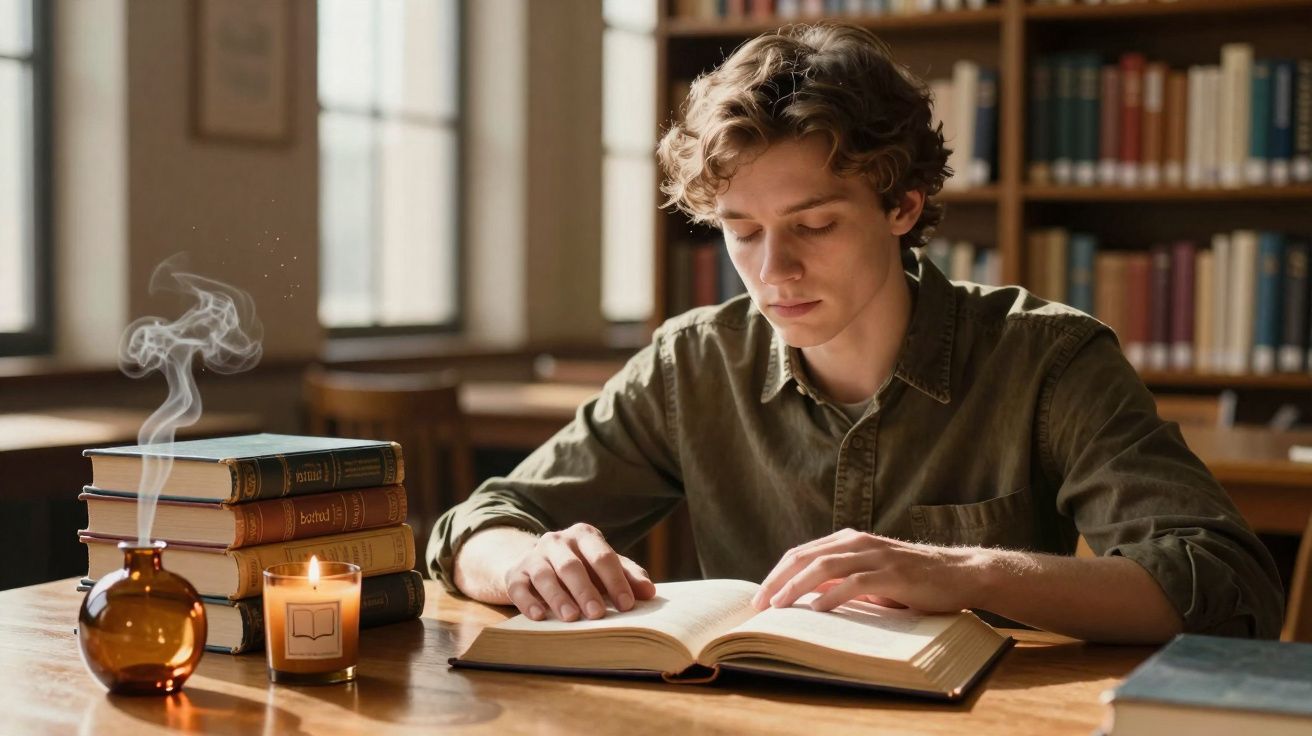 Young man reading a book at a library table with a stack of books, a lit candle, and incense smoke nearby.