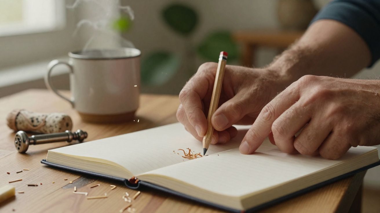 Hands sharpening a pencil on an open notebook with a steaming mug in the background on a wooden table.