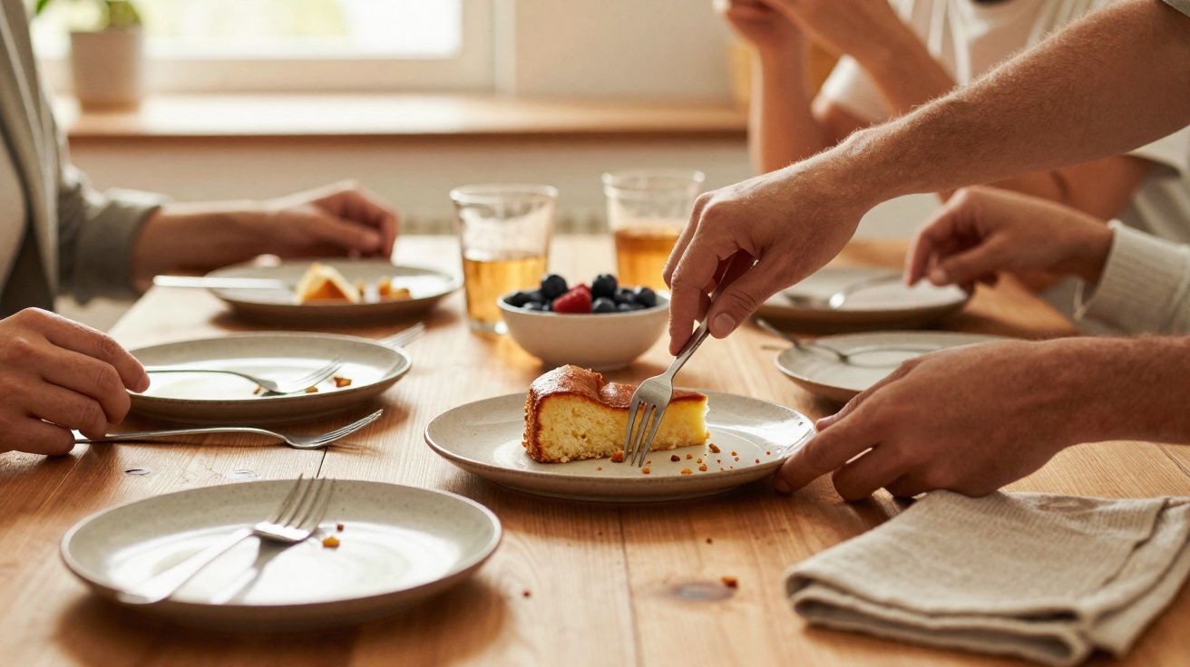 Hands sharing a slice of cake at a wooden table with empty plates and glasses of juice.