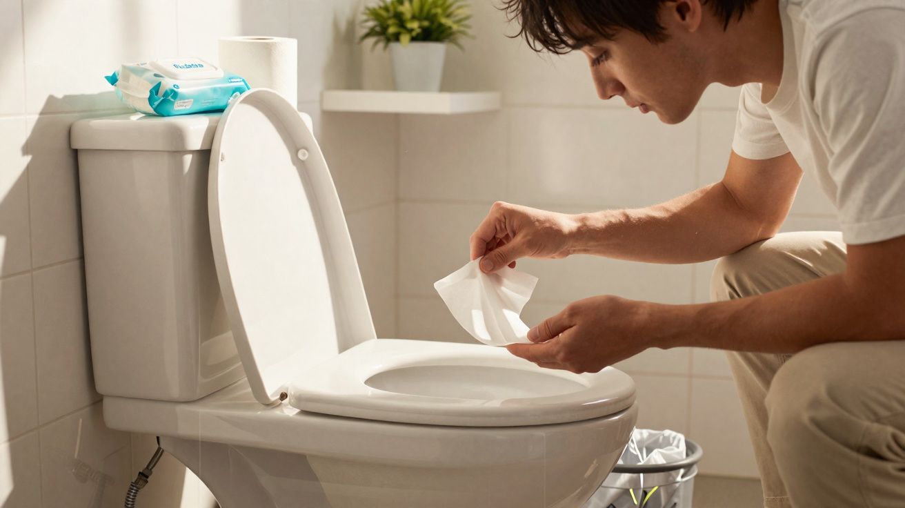 Man placing a disposable toilet seat cover on a white toilet in a bright bathroom.