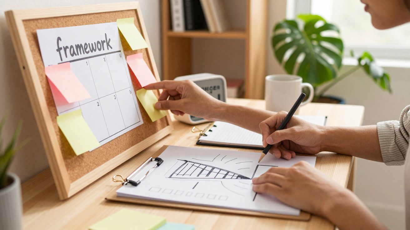 Person sketching a graph on paper while pointing at sticky notes on a corkboard labelled framework.
