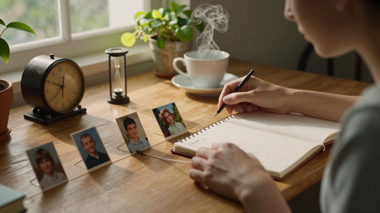 Person writing in a notebook at a wooden desk with photos, a clock, an hourglass, plants, and a steaming cup of tea.