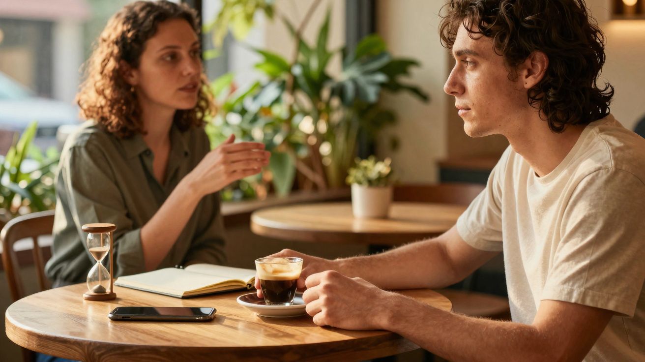 Two people in a café having a serious conversation over coffee at a wooden table.