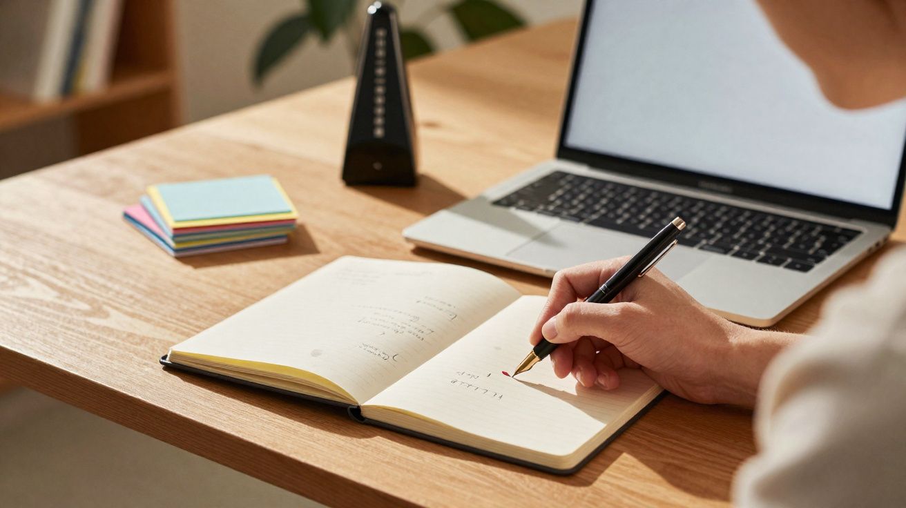 Person writing notes in an open notebook on a wooden desk with a laptop and sticky notes nearby.