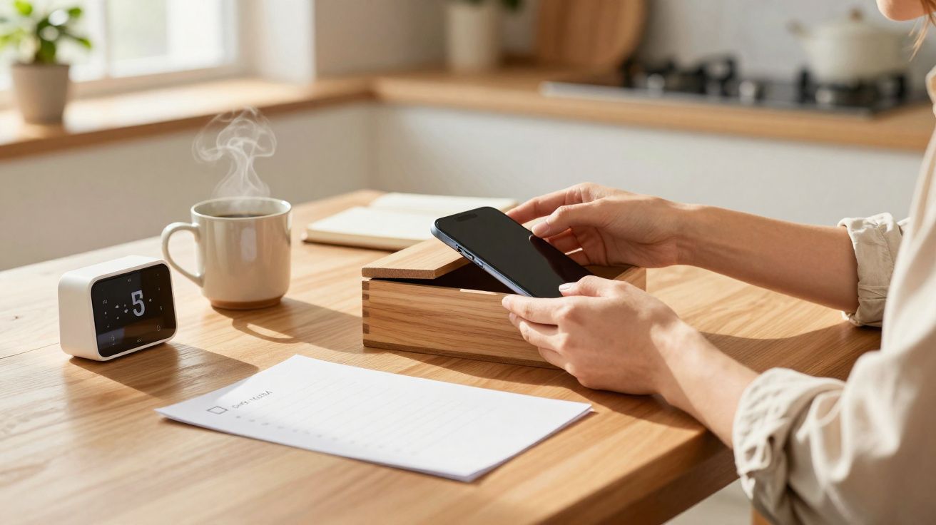 Person placing a smartphone into a wooden box on a sunlit kitchen table with a steaming mug and a checklist.