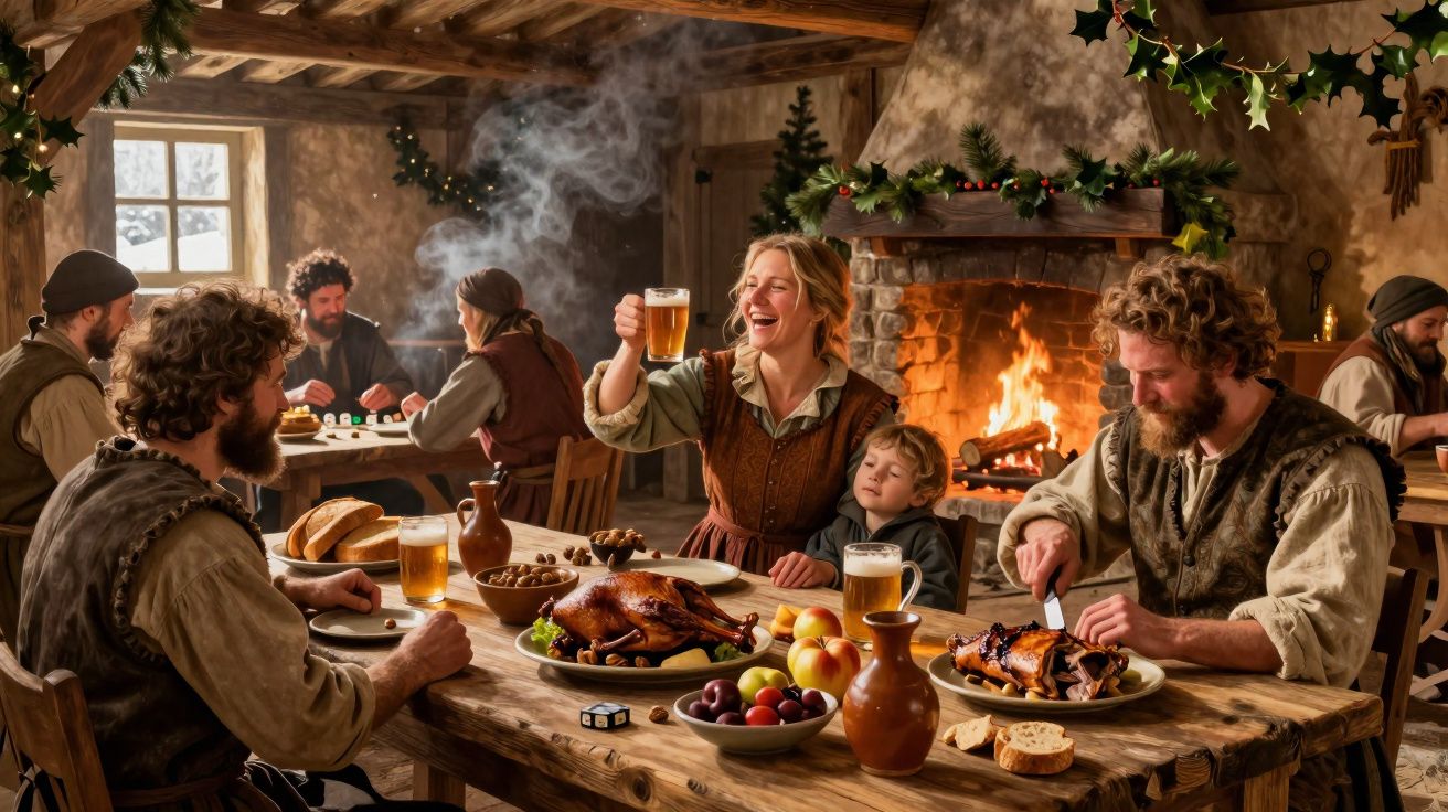Family enjoying a medieval feast with roasted meats, bread, and drinks in a rustic hearth-lit dining room.
