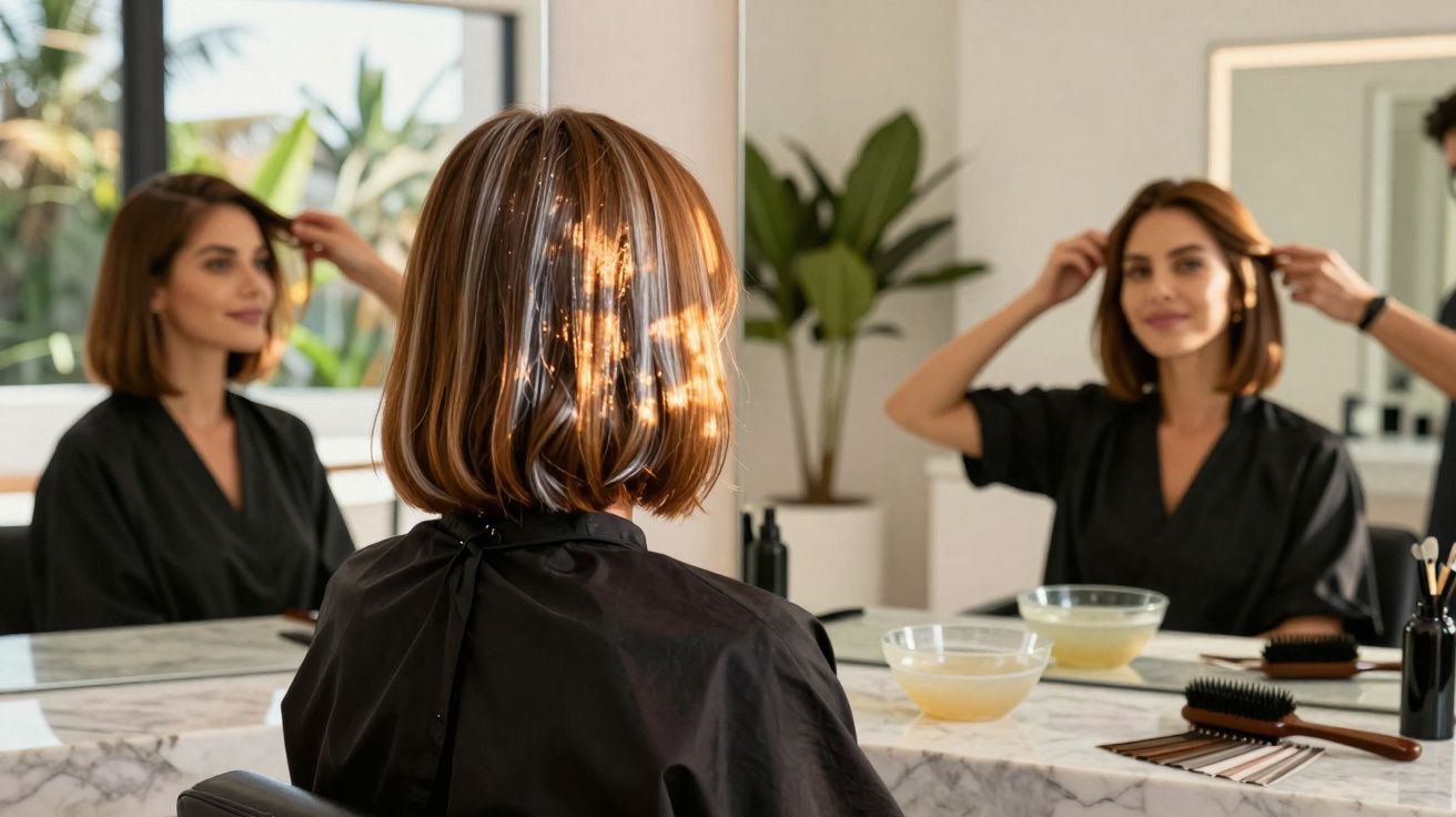 Woman with freshly styled hair looking at her reflection in a salon mirror.