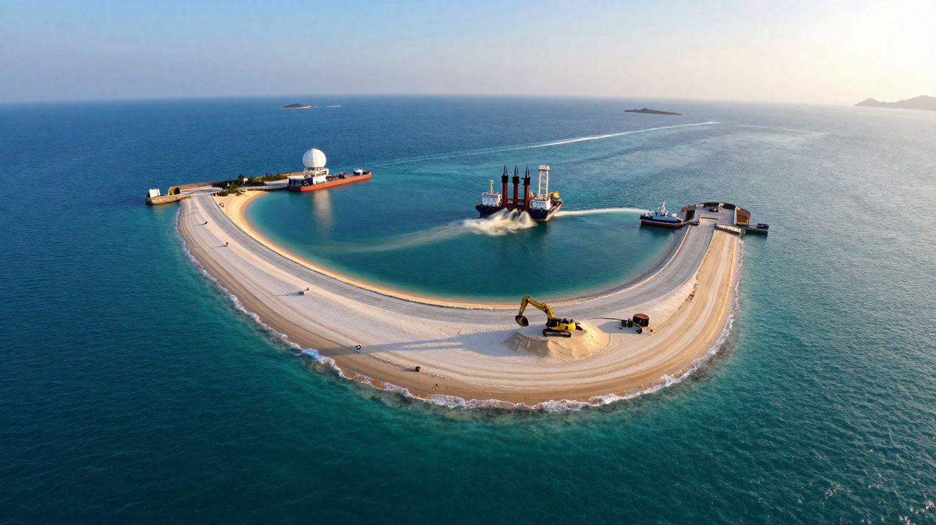 Man-made crescent-shaped island under construction with machinery and ships in clear blue sea.