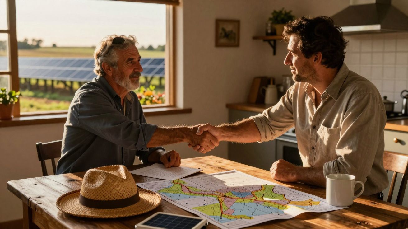 Two men shaking hands across a table with a map and documents in a sunlit room with solar panels outside.