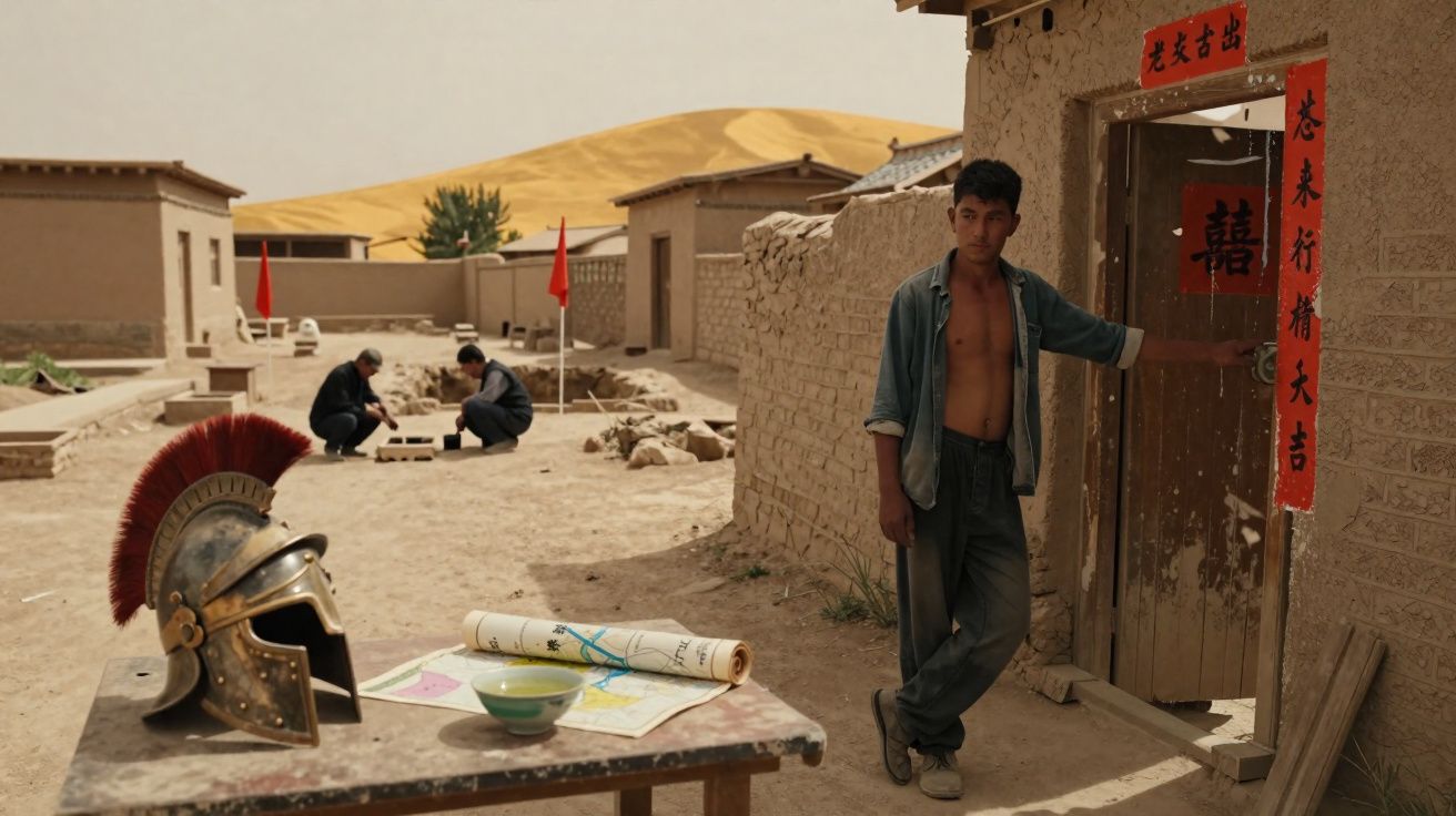 Man leaning on doorframe of mud brick house in desert village with Roman helmet, maps, and bowls on table nearby