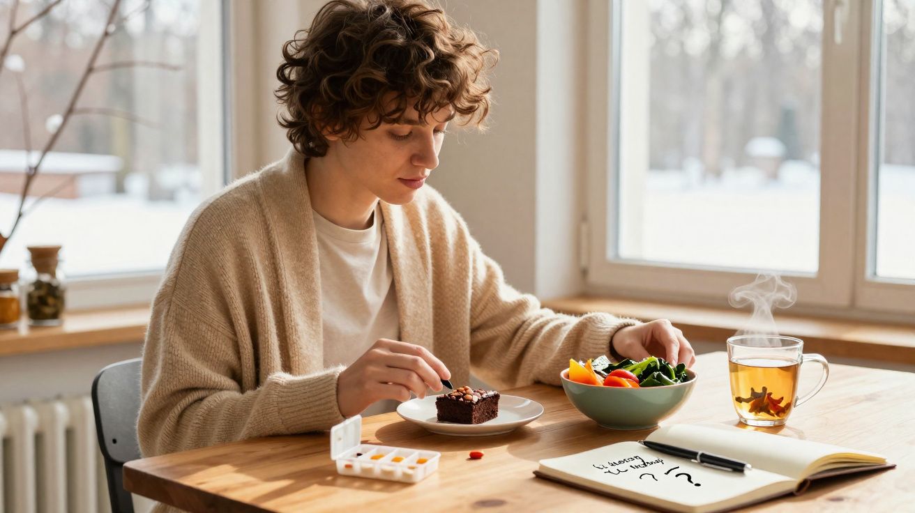 Person sitting at a table with food, tea, medication, and a notebook near a window on a bright day.