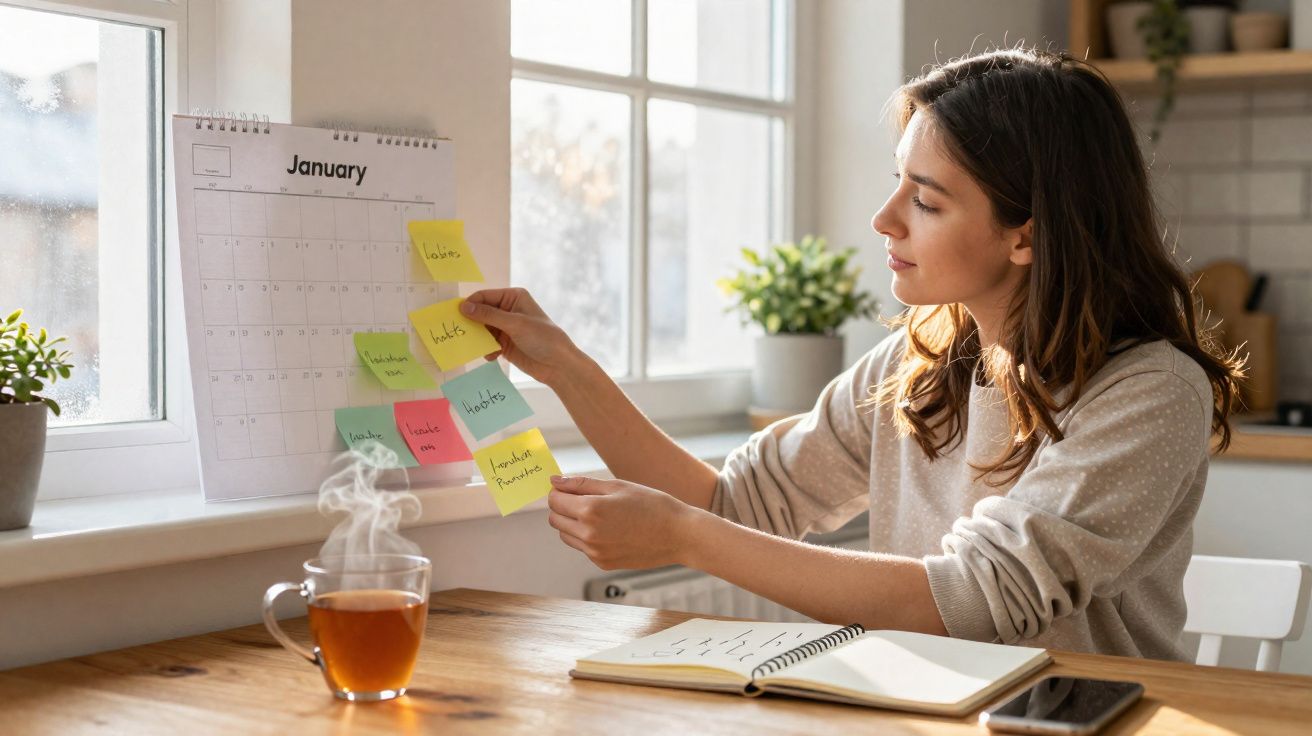 Woman organising sticky notes on a January calendar in a sunlit kitchen with a steaming cup of tea nearby.