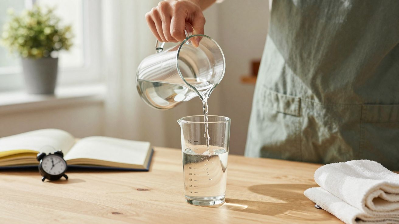 Hand pouring water from a glass jug into a clear beaker on a wooden table with a book and towel nearby.