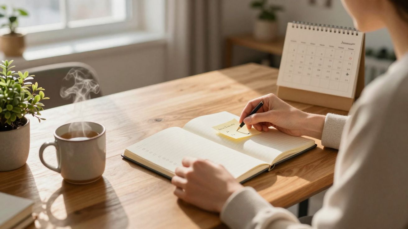 Person writing on a sticky note inside an open planner on a wooden desk with a steaming mug and calendar nearby.