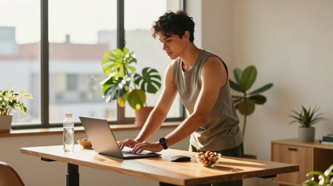 Young man using laptop on a standing desk in a bright room with large windows and indoor plants.