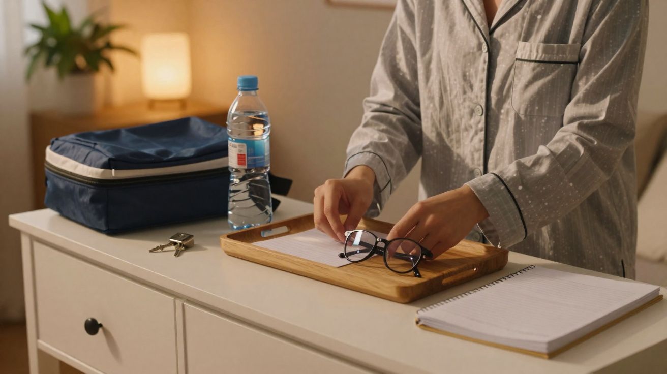 Person in pajamas placing glasses on a wooden tray on a white dresser with a water bottle and keys nearby