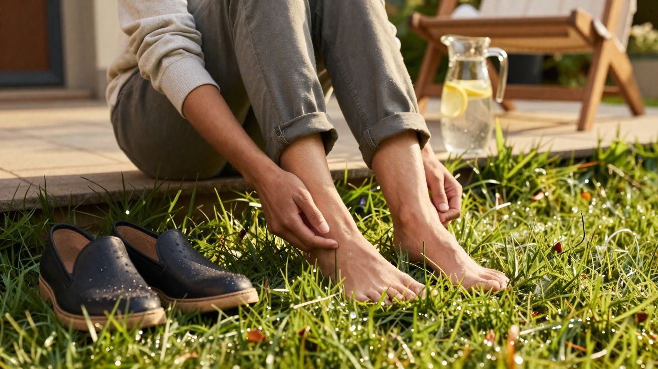Person sitting on wooden step, touching bare feet on dewy grass next to shoes and a jug of water.