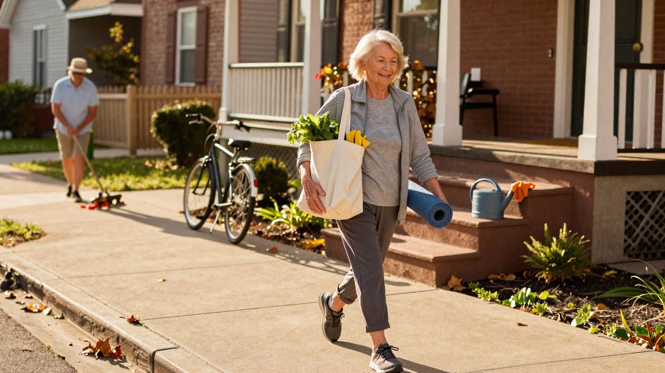 Elderly woman carrying groceries and a yoga mat walking on a sidewalk in a suburban neighbourhood.