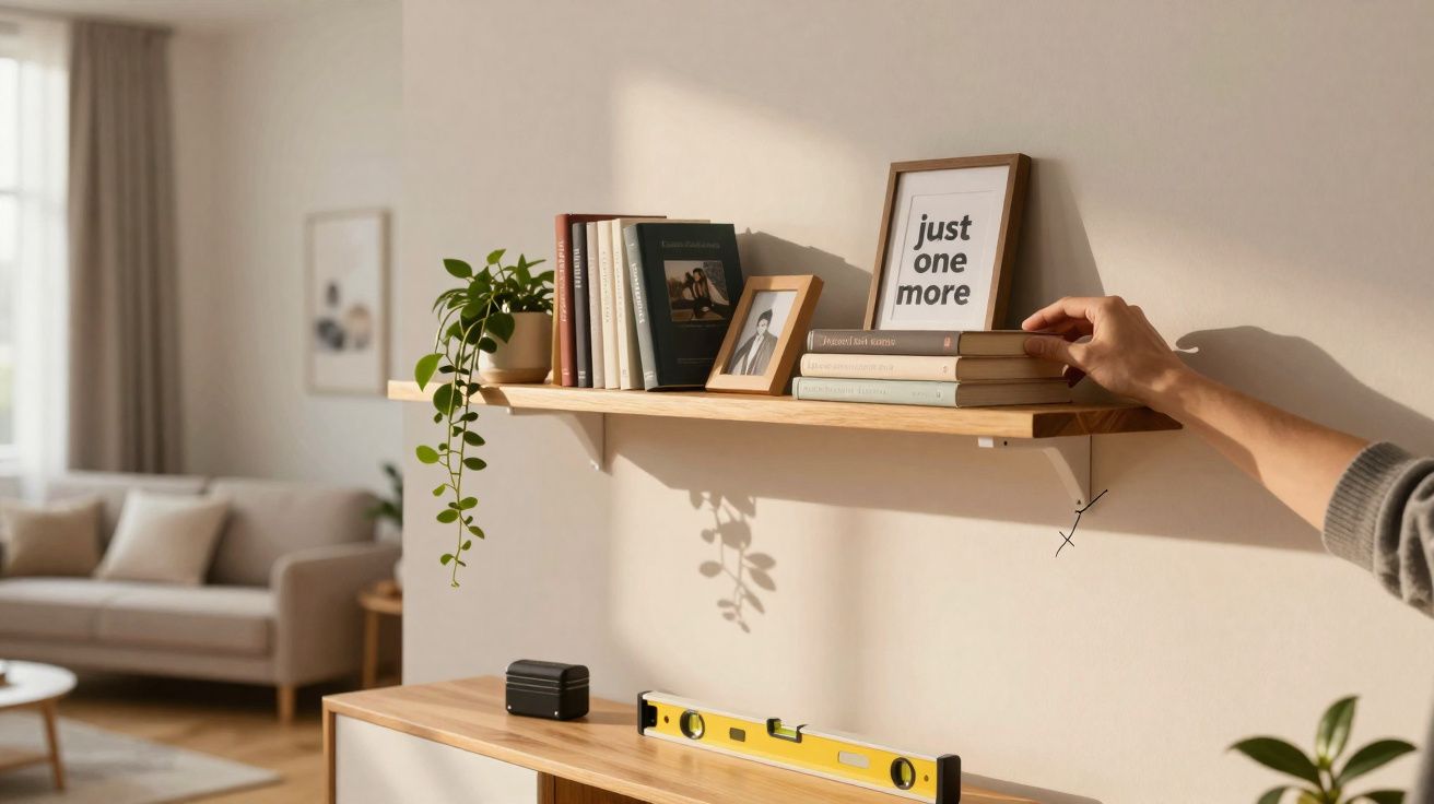 Hand placing books on a wooden wall shelf with framed prints and a hanging plant in a living room.