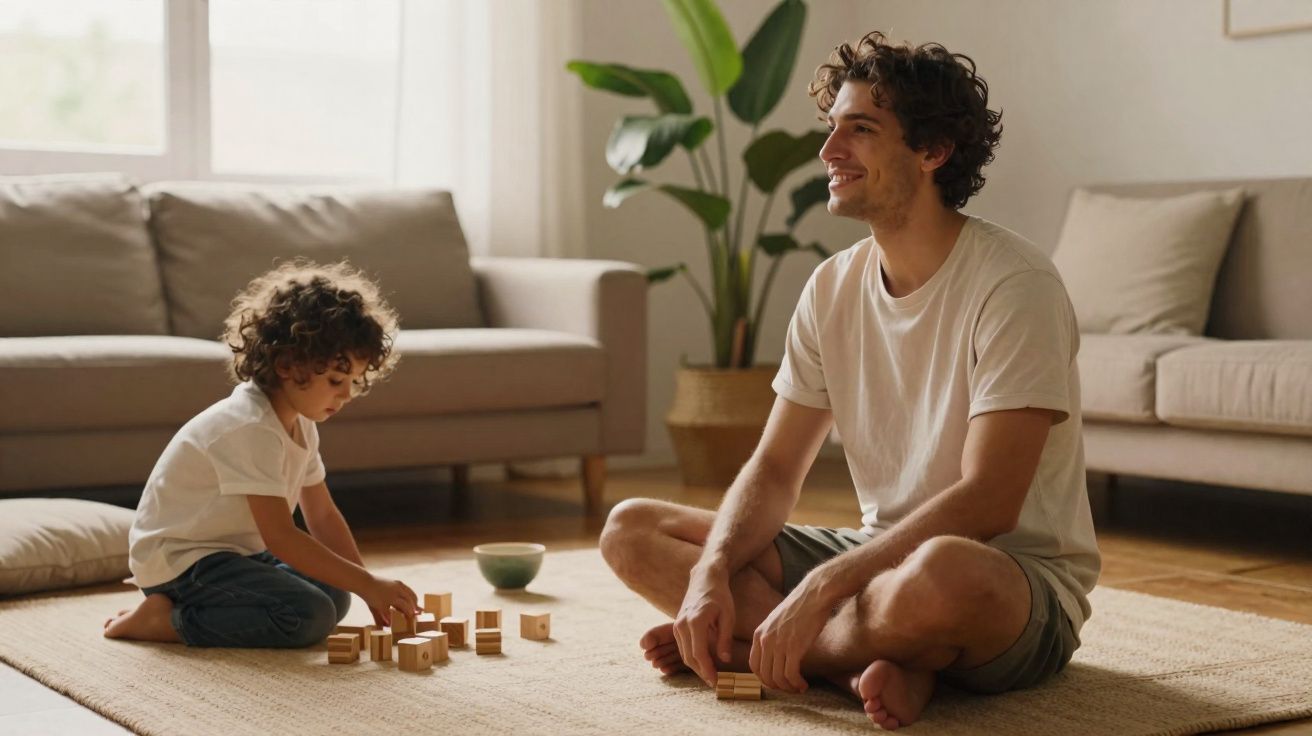 Young man and child playing with wooden blocks on a rug in a cosy living room.