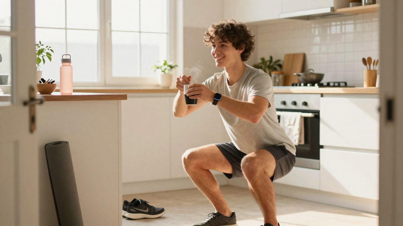 Young man in sportswear exercising and drinking coffee in a bright, modern kitchen.