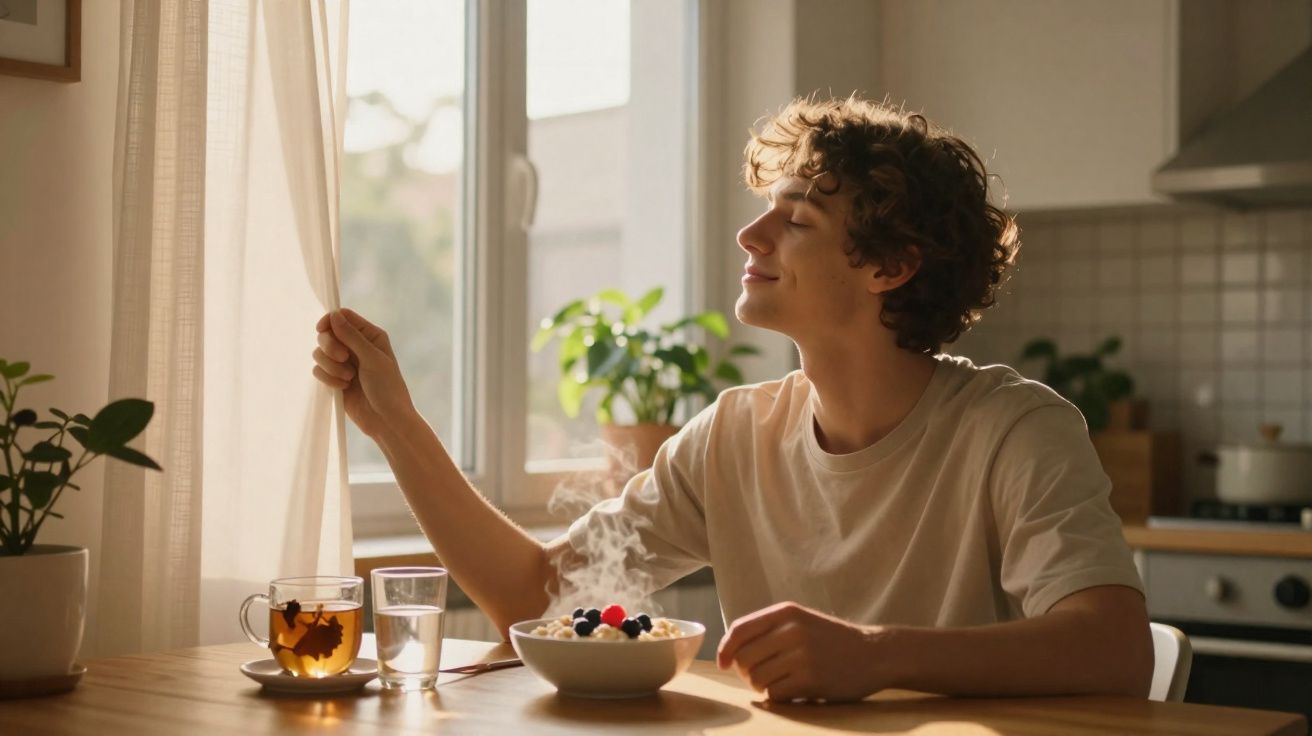Young man enjoying morning sunlight at kitchen table with steaming bowl of porridge and cup of tea.