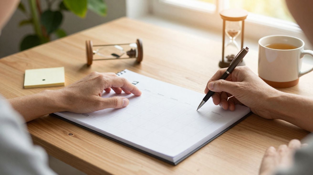 Person writing on a blank calendar planner on a wooden desk with hourglasses and a cup of tea nearby.