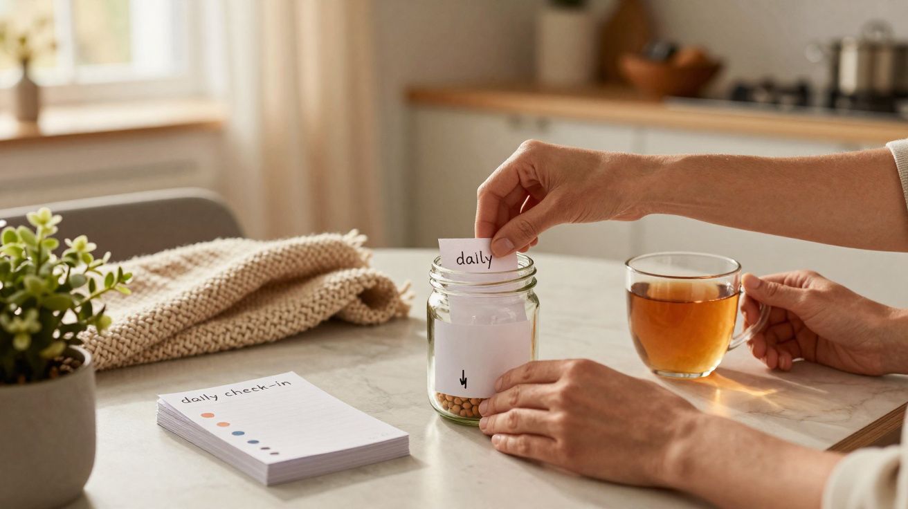Person placing a daily check-in note into a jar next to a cup of tea on a kitchen table.